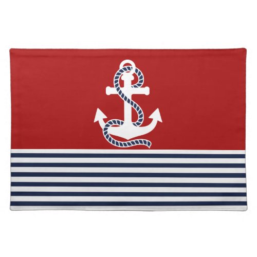 Nautical Navy Blue White Stripes and White Anchor Placemat