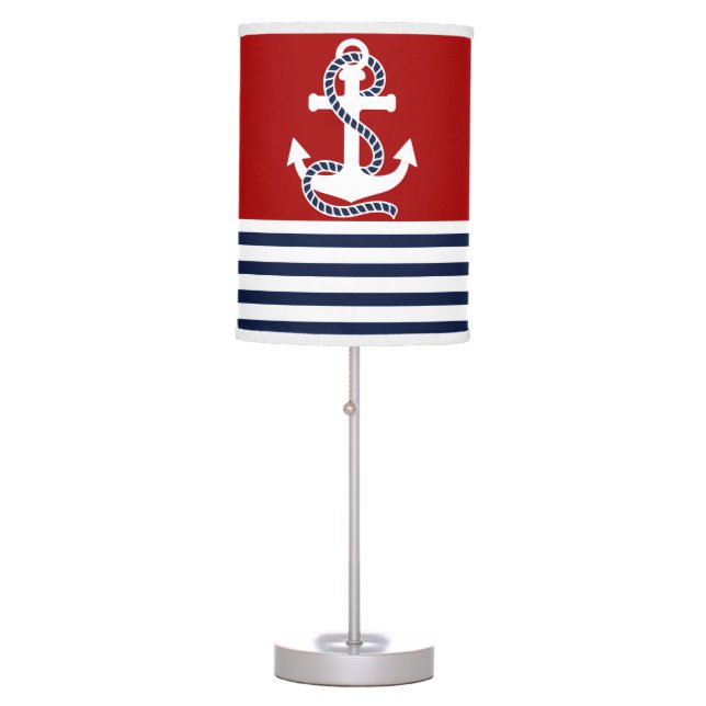 Nautical Navy Blue White Stripes and White Anchor Table Lamp (Front)
