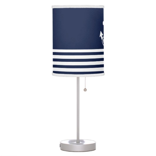 Nautical Navy Blue White Stripes and White Anchor Table Lamp (Left)