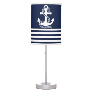 Nautical Navy Blue White Stripes and White Anchor Table Lamp