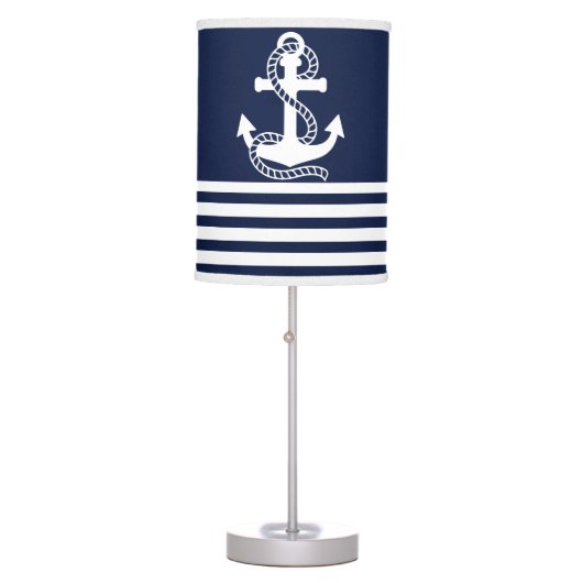Nautical Navy Blue White Stripes and White Anchor Table Lamp (Front)
