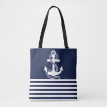 Nautical Navy blue White Stripes and White Anchor