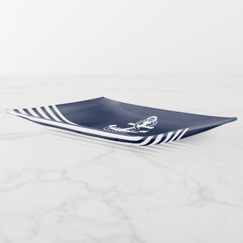 Nautical Navy blue White Stripes and White Anchor Trinket Tray