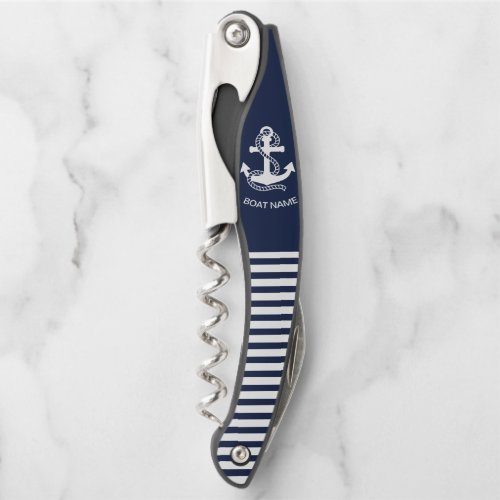 Nautical Navy blue White Stripes and White Anchor Waiters Corkscrew