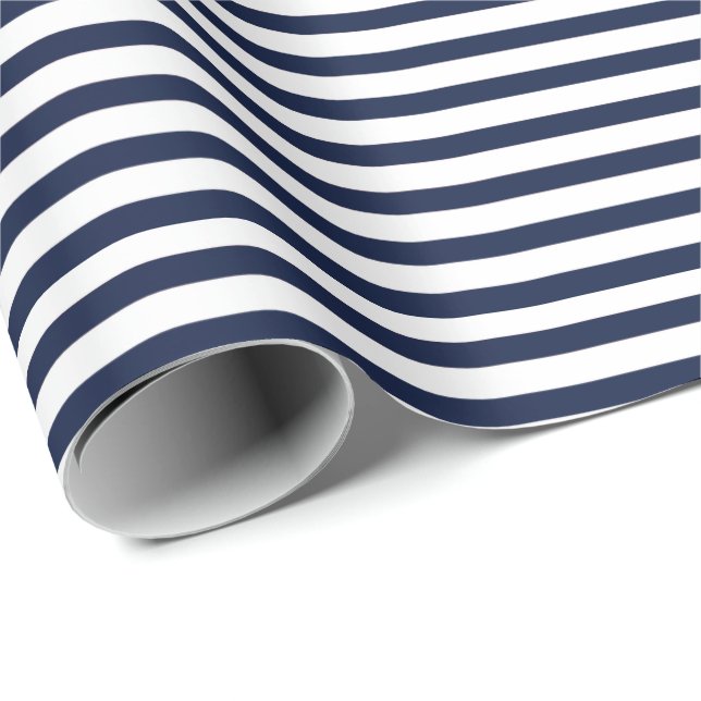 Nautical Navy blue White Stripes and White Anchor Wrapping Paper (Roll Corner)