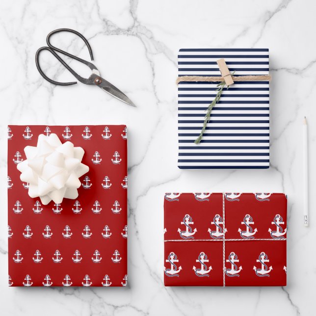 Nautical Navy blue White Stripes and White Anchor Wrapping Paper Sheets (Front)