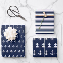 Nautical Navy blue White Stripes and White Anchor