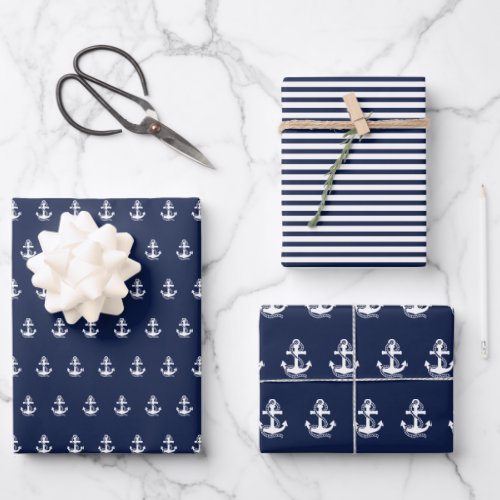 Nautical Navy blue White Stripes and White Anchor Wrapping Paper Sheets