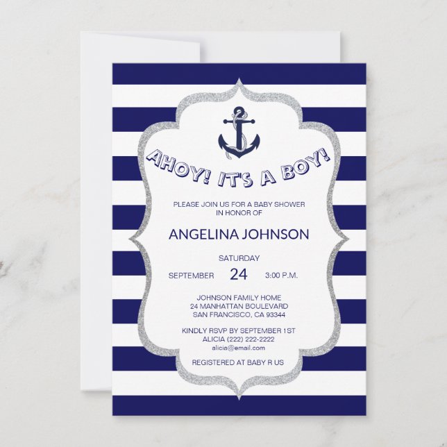 Nautical Navy Blue White Stripes BABY SHOWER Invitation (Front)