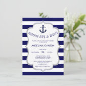 Nautical Navy Blue White Stripes BABY SHOWER Invitation (Standing Front)
