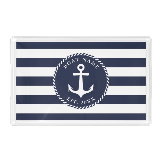 Nautical Navy Blue White Stripes Boat Name Anchor Acrylic Tray (Front)