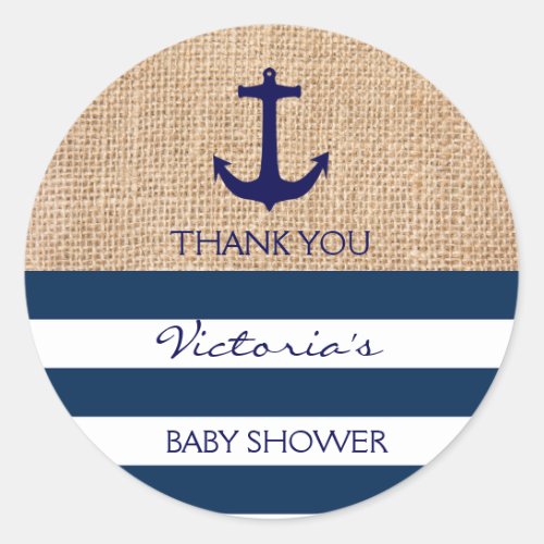 Nautical Navy Blue White Stripes Burlap Anchor Classic Round Sticker