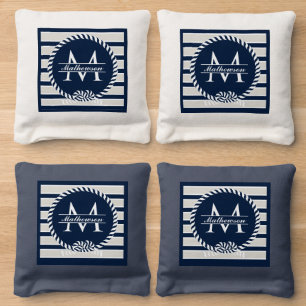 Nautical Navy Blue White Stripes Coastal Monogram Cornhole Bags