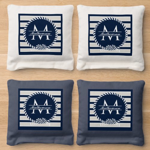 Nautical Navy Blue White Stripes Coastal Monogram  Cornhole Bags