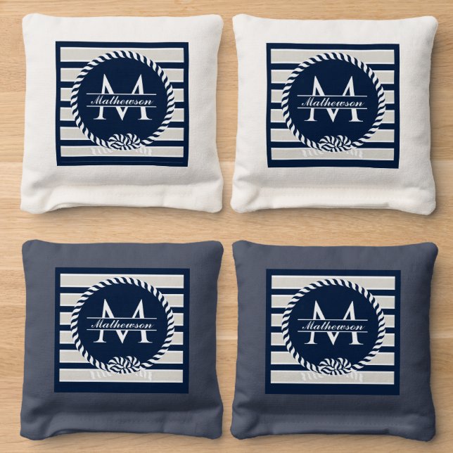 Nautical Navy Blue White Stripes Coastal Monogram  Cornhole Bags (Wood)