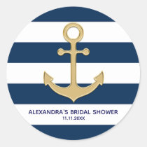 Nautical Navy Blue White Stripes Gold Anchor Classic Round Sticker