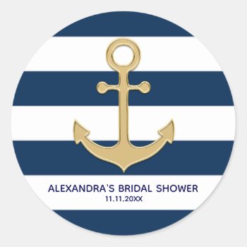 Nautical Navy Blue White Stripes Gold Anchor Classic Round Sticker by UniqueWeddingShop at Zazzle