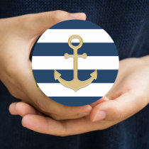 Nautical Navy Blue White Stripes Gold Anchor Classic Round Sticker