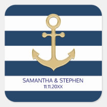 Nautical Navy Blue White Stripes Gold Anchor Square Sticker