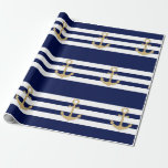 Nautical Navy Blue White Stripes Gold Anchor Wrapping Paper<br><div class="desc">Use these  unique wrapping papers for any occasion.  Nautical theme weddings,  baby shower,  birthday,  party,  events, ... ..Navy blue and white stripes with gold anchor.  Perfect for wrapping gifts,  presents,  favors,  crafts,  furniture,  table runners,  covers... .</div>