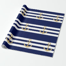 Nautical Navy Blue White Stripes Gold Anchor Wrapping Paper