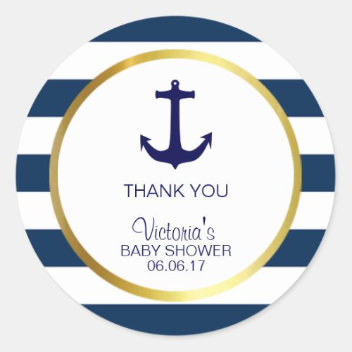 Nautical Navy Blue White Stripes Gold Baby Shower Classic Round Sticker