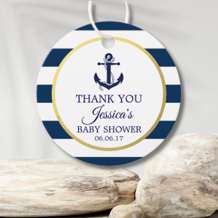Nautical Navy Blue White Stripes Gold Baby Shower Favor Tags