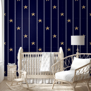 Nautical Navy Blue White Stripes Gold Stars Wallpaper