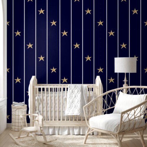 Nautical Navy Blue White  Stripes Gold Stars Wallpaper