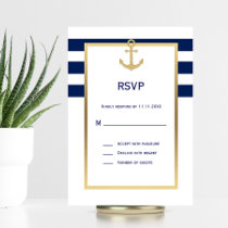 Nautical Navy Blue White Stripes RSVP Wedding Card