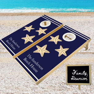  Nautical Navy Blue White Stripes Starfish Cornhole Set