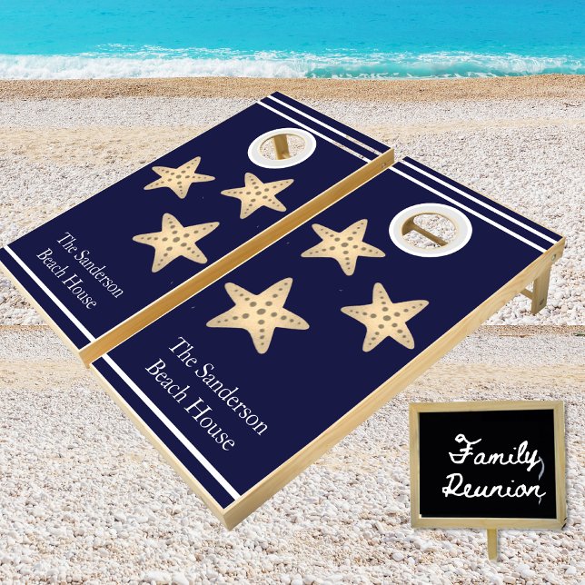  Nautical Navy Blue White Stripes Starfish Cornhole Set (Creator Uploaded)