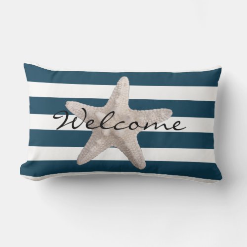 Nautical Navy Blue White Stripes Starfish Welcome Lumbar Pillow