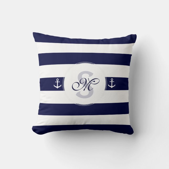 Nautical navy blue white stripes throw pillow (Front)