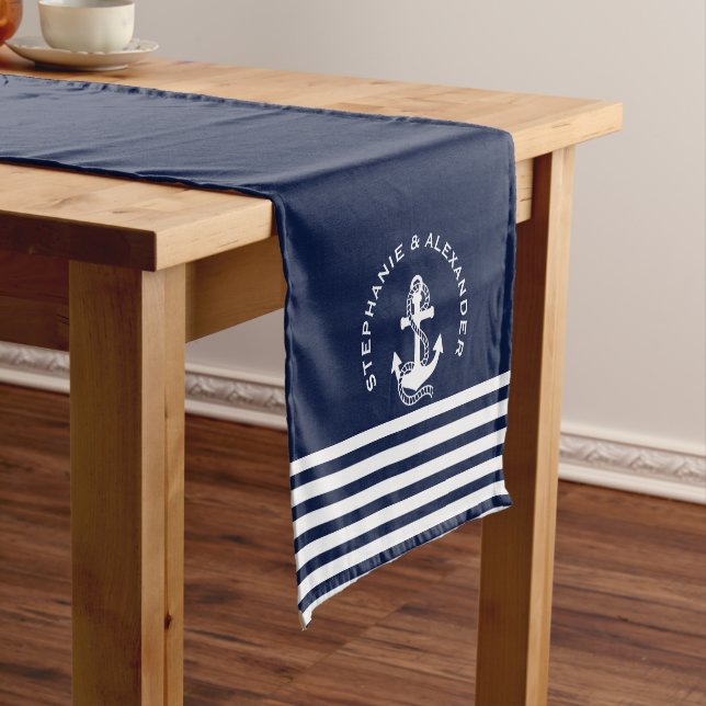 Nautical Navy Blue White Stripes & White Anchors Short Table Runner (In Situ)