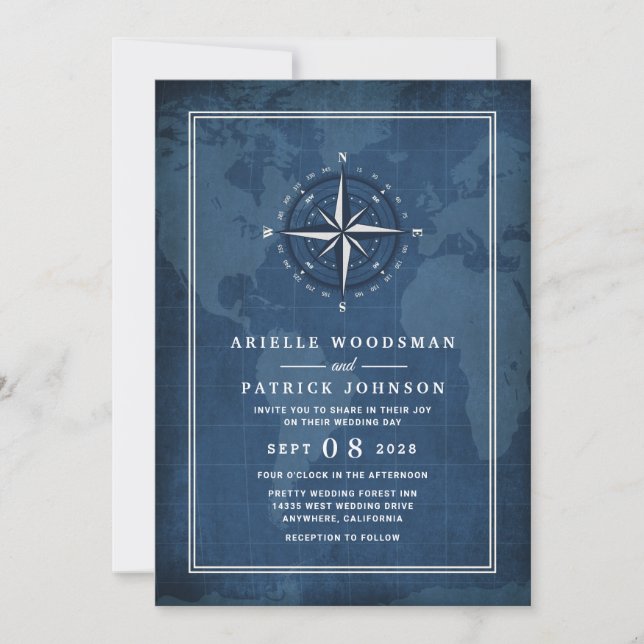 Nautical Navy Blue & White Vintage Compass Wedding Invitation (Front)