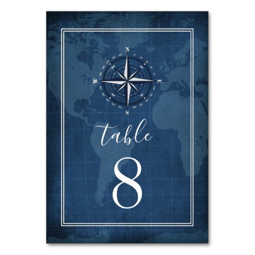 Nautical Navy Blue  White Vintage Compass Wedding Table Number
