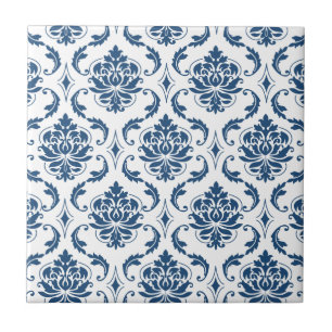 Nautical Navy Blue White Vintage Damask Pattern Ceramic Tile