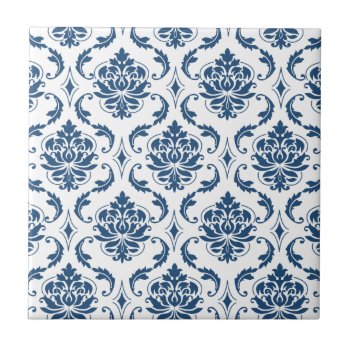 Nautical Navy Blue White Vintage Damask Pattern Ceramic Tile by DamaskGallery at Zazzle