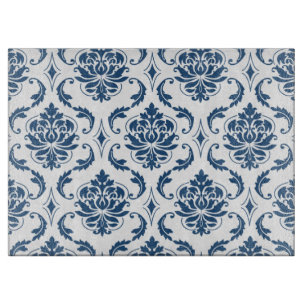 Nautical Navy Blue White Vintage Damask Pattern Cutting Board