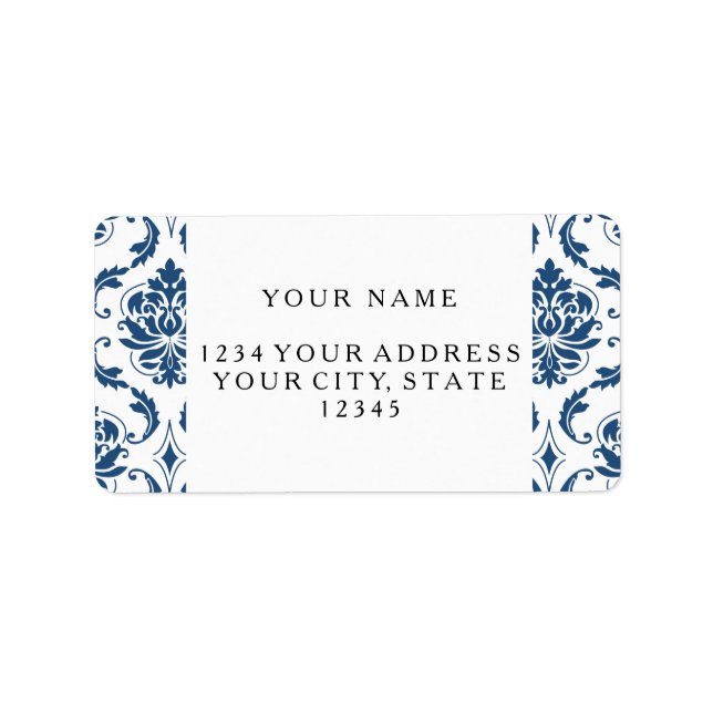 Nautical Navy Blue White Vintage Damask Pattern Label (Front)