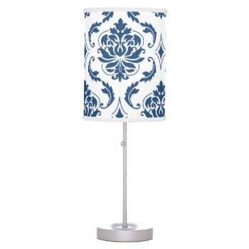 Nautical Navy Blue White Vintage Damask Pattern Table Lamp by DamaskGallery at Zazzle