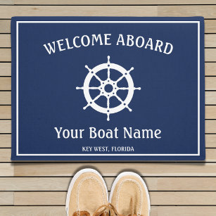 Nautical Navy Blue White Welcome Aboard Boat Helm Doormat