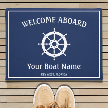 Nautical Navy Blue White Welcome Aboard Boat Helm Doormat
