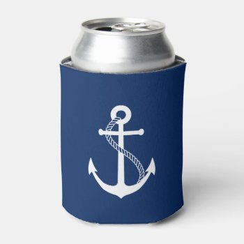 Nautical Navy Blue With White Anchor Can Cooler by chingchingstudio at Zazzle