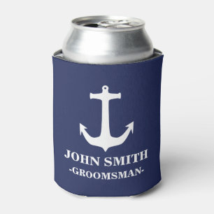 Nautical Navy Blue with White Anchor Groomsman Can Cooler