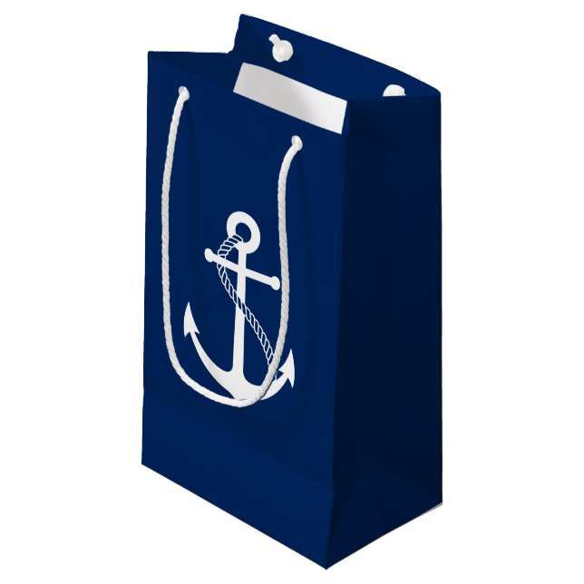 Nautical Navy Blue with White Anchor Small Gift Bag (Front Angled)