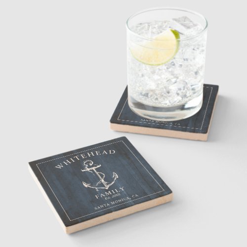 Nautical Navy Blue Wood Anchor Family Stone Coaster