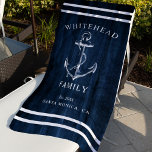 Nautical Navy Blue Wood Custom Family Anchor Beach Towel<br><div class="desc">The nautical beach towel features a coastal-style boat anchor and stripes design. Personalize the custom text with a family last name   family (or another title) with the year established and location.</div>