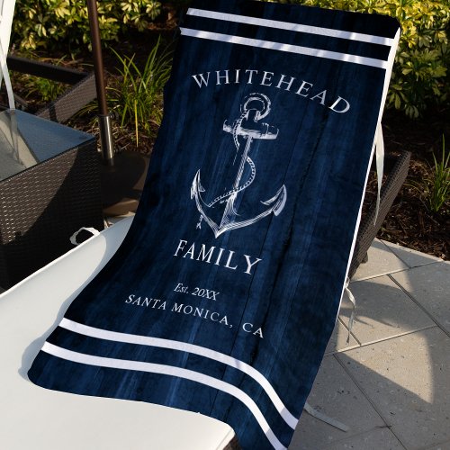 Nautical Navy Blue Wood Custom Family Anchor Beach Towel